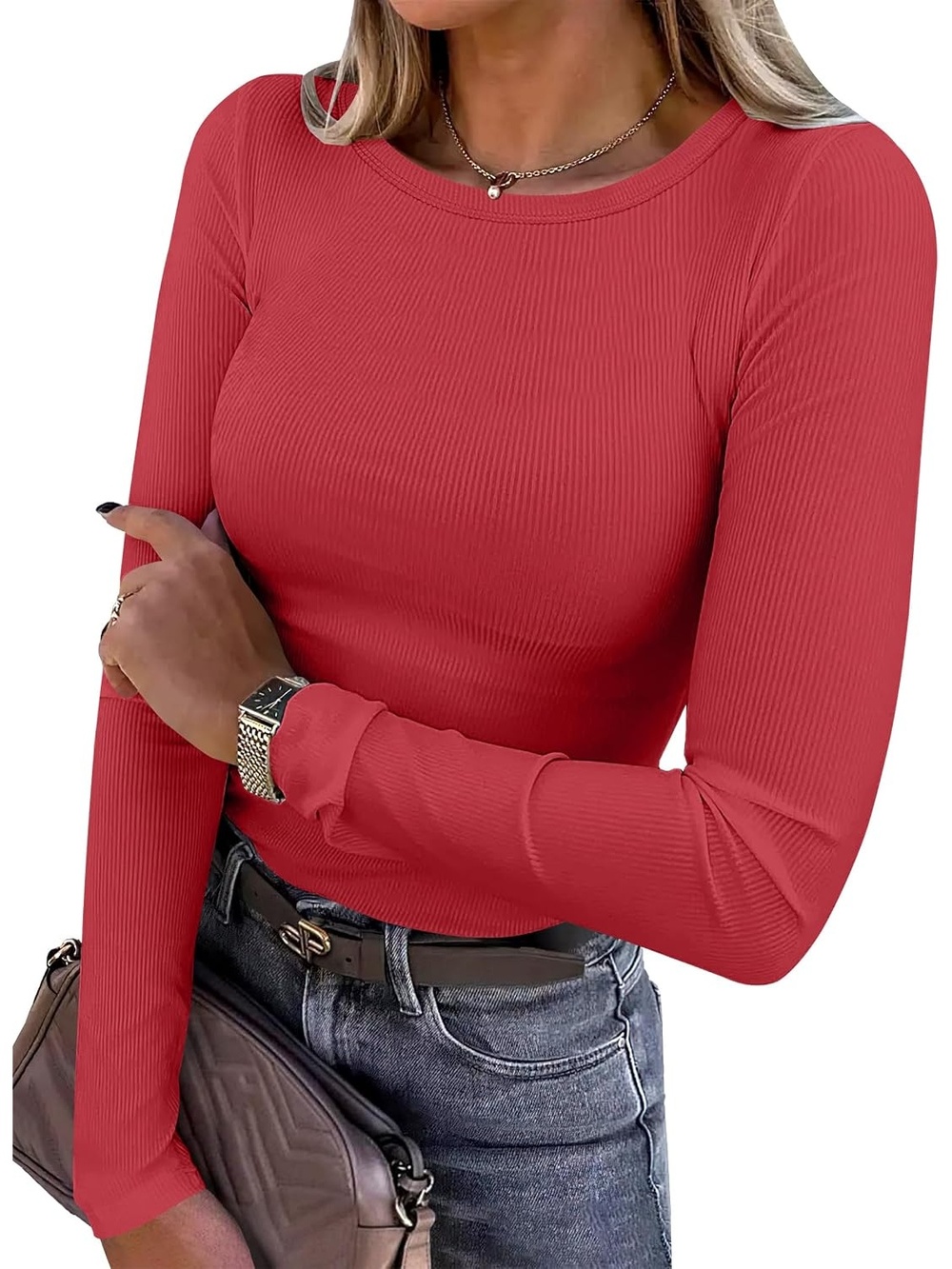 Women's Red Slim Basic Lightweight Knit Long Sleeve Shirts Ribbed Fitted Tops